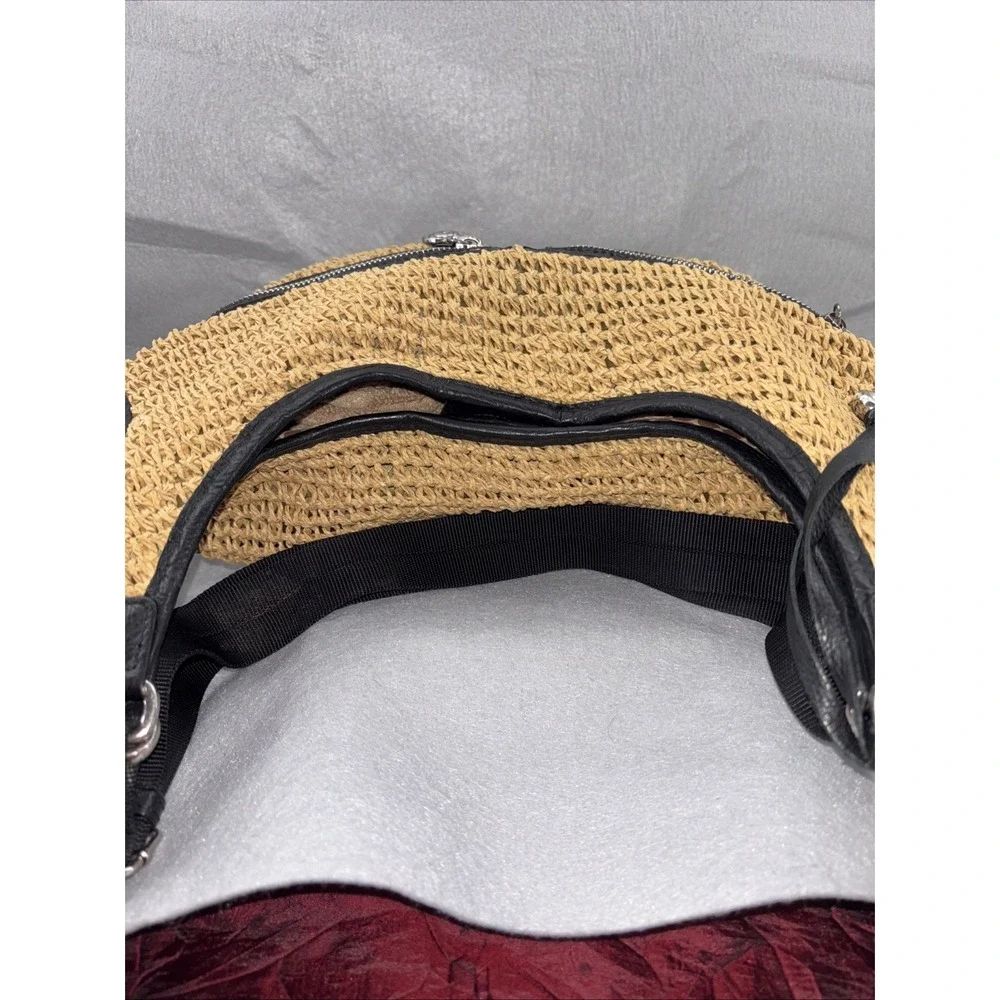 Brighton‎ Large Woven Straw Hobo Crossbody Zip Leather Trim Front Pockets EUC